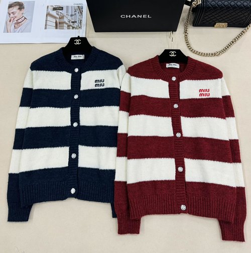 Miu Miu Modern Striped Knitted Round-Neck Open Cardigan