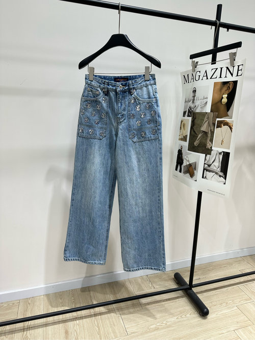Louis Vuitton Sparkling Circle Letter Embroidery Vintage Washed Jeans