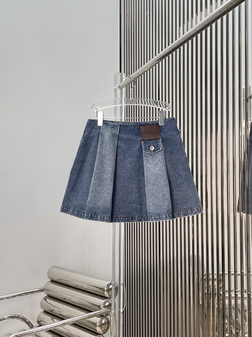 Loewe Leather Patchwork Denim Pleated Skirt