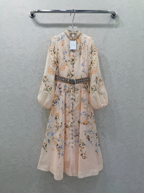 Zimmermann Floral Collared Long Dress with Lantern Sleeves
