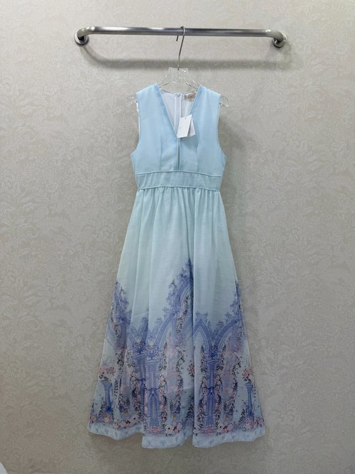 Zimmermann V-Neck Backless Long Dress with Blue Flower Print and Waist Tuck