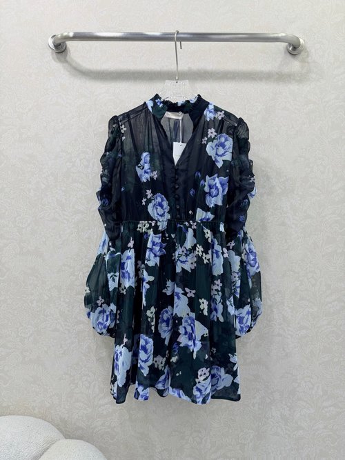 Zimmermann Violet Collection Short Dress with Standing Collar and Ruffled Sleeves