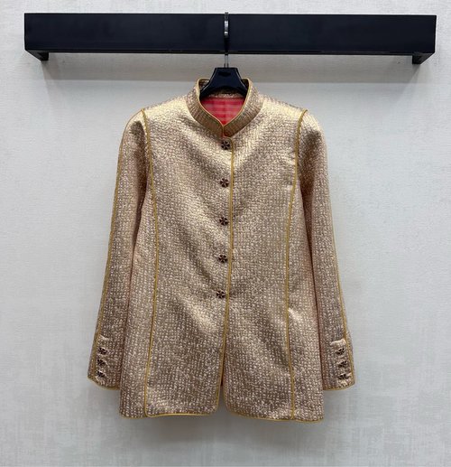 Chanel Custom Imported YB Silk-Wool Blazer with Golden Texture