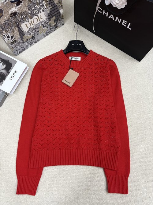 Miu Miu Knit Round Neck Pullover with Cut-out Design and Logo