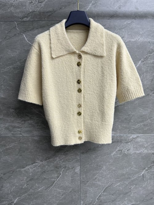 Louis Vuitton Short-Sleeve Knit Shirt Adorned with Metal Floral Buttons