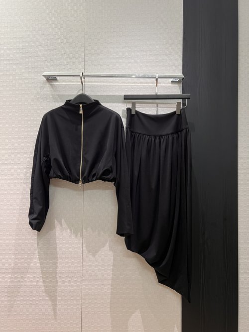 Loro Piana High-Collar Zip-Up Top and Irregular Skirt, Sophisticated