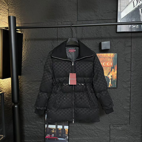 Gucci Jacquard Mid-length Down Cotton Coat with Adjustable Waist