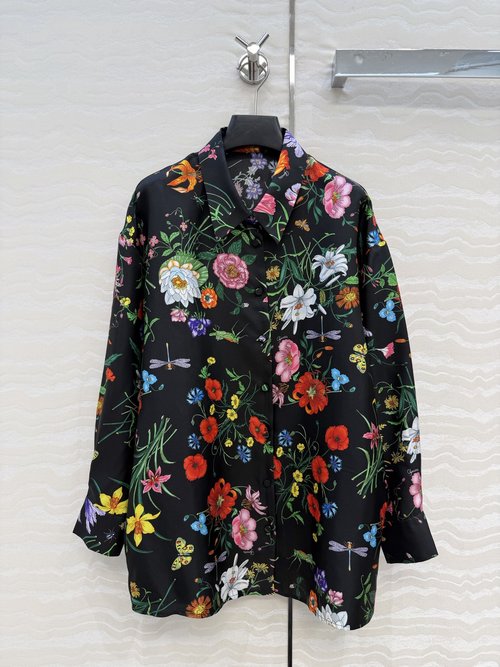 Gucci High-End GG Floral Silk Shirt with Turned-Up Collar