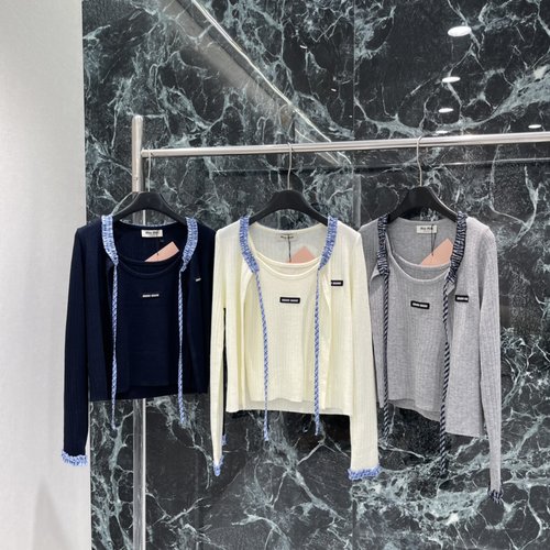 Miu Miu Stylish Knit Cardigan Set with Blue-White Trim