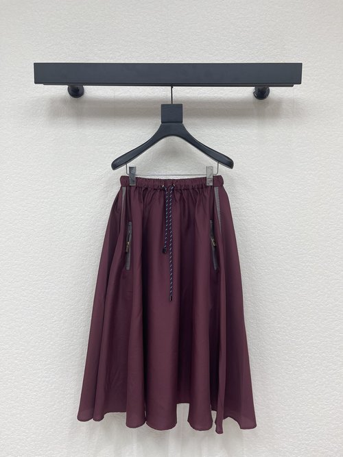 Miu Miu Wine Red Nylon Skirt with Gray Trim and Blue Drawstring