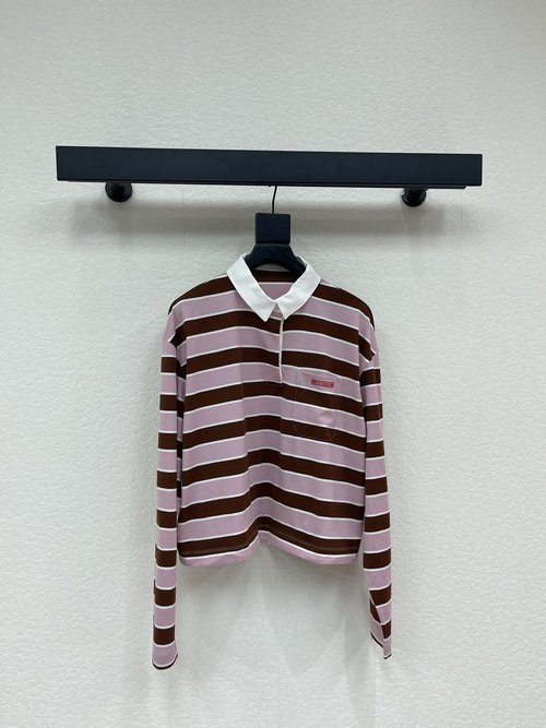 Prada Retro Stripe Polo Neck Long Sleeve T-shirt, Relaxed Style