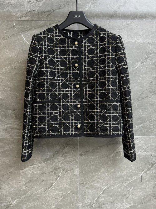Dior Gold-Embroidered Tweed Coat with CD Buttons
