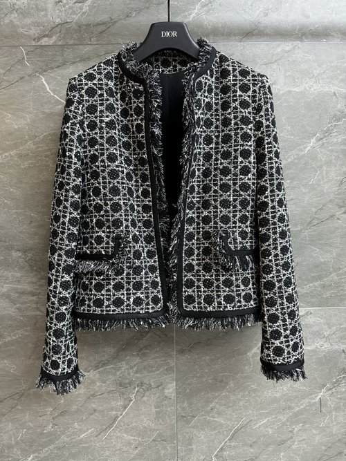 Dior Round-Neck Checked Coat with Fringe Trim, Spring Collection