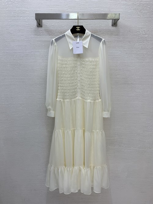 Dior Long-sleeved Ruffled Collar Dress with Logo Buttons