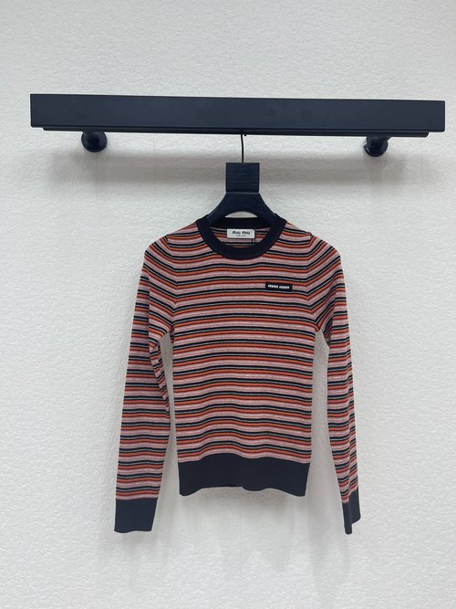 Miu Miu Striped Contrast Knit Long Sleeve Top with Logo