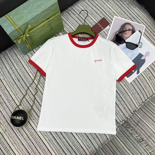 Gucci Classic White Red Contrast Trim Letter Embroidery Cropped Soft Cotton Crew Neck Tee