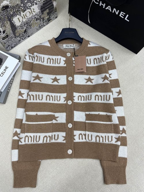Miu Miu Inter - color Stripe Knitted Round - Neck Cardigan with Logo Decoration