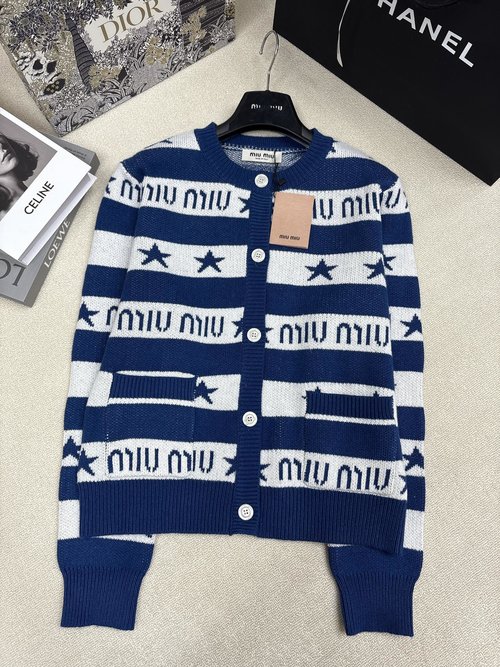 Miu Miu Inter - color Stripe Knitted Round - Neck Cardigan with Logo Decoration
