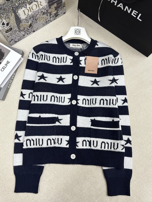 Miu Miu Inter - color Stripe Knitted Round - Neck Cardigan with Logo Decoration