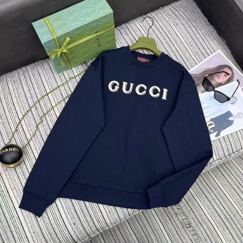 Gucci Navy Blue Letter Embroidery Round - Neck Sweatshirt with 3D Logo