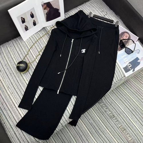 Chanel Spring Hooded Cardigan and Straight - Leg Pants Set with Logo
