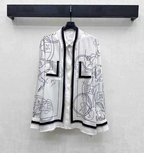 Hermes Silk Printed Long-Sleeve Shirt, White with Details