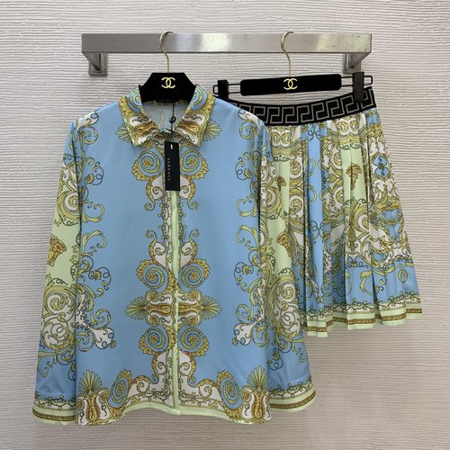 Versace Baroque Vintage Print Two-piece Set: Pink and Green Shirt & Skirt