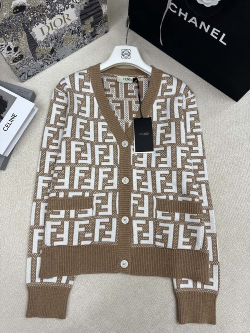 Fendi V-Neck Knit Cardigan with Double F Logo, Contrast Pattern