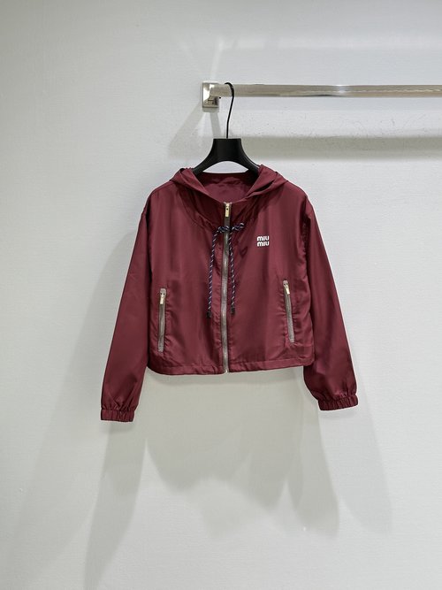 Miu Miu Wine Red Pilot Jacket with Logo and Drawstring, Match with Shorts