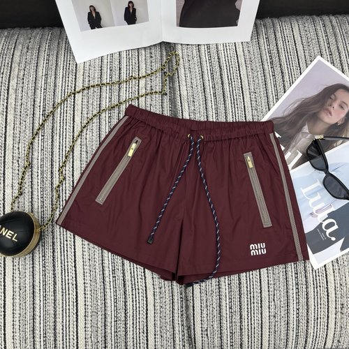 Miu Miu Elastic Waist Letter Print Nylon Shorts