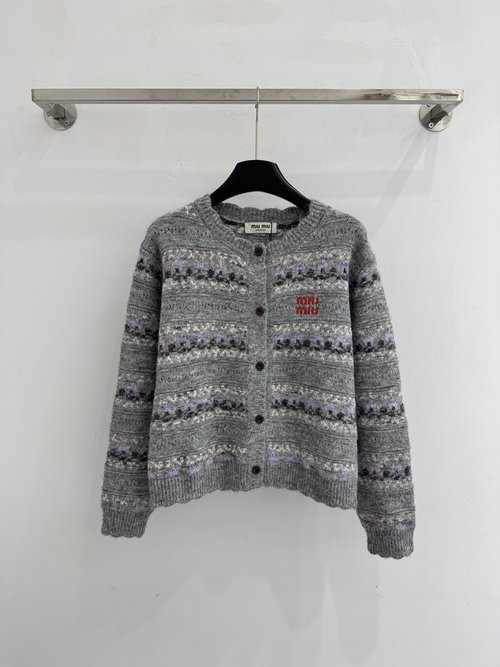 Miu Miu Retro Fair Isle Jacquard Knit Cardigan with Metal Buttons
