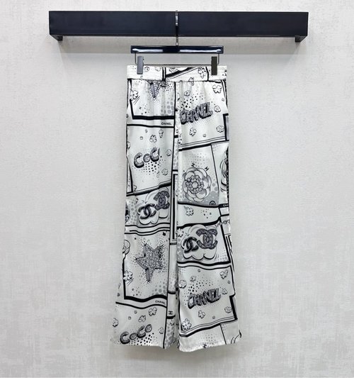 Chanel Printed Straight-Leg Trousers with Elastic Waist