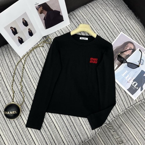 Miu Miu Refined Spring Embroidered Long Sleeve Tee for Timeless Appeal