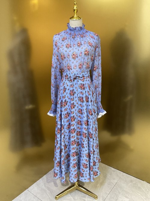 Dolce & Gabbana Blue Background Colorful Flower Rayon Linen Maxi Skirt