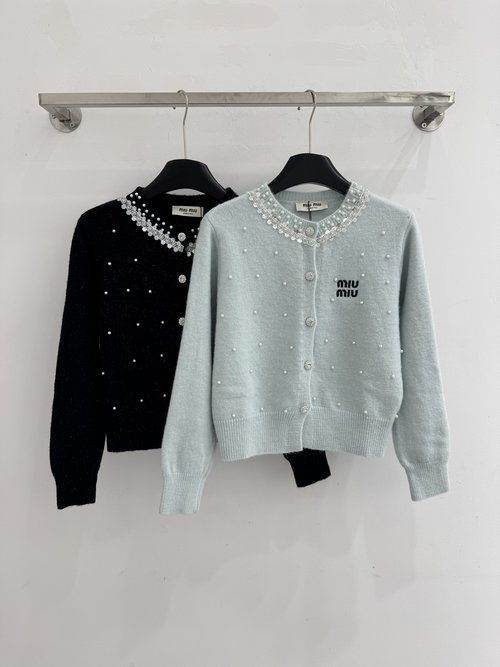 Miu Miu Knit Top with Pearl and Sequin in Light Blue, Black