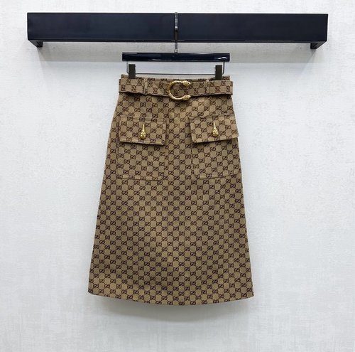 Gucci Double-G Jacquard Belted Skirt with Slit & Pocket