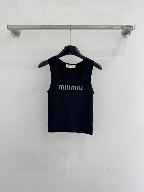 Miu Miu Sleeveless Knit Tank Top with Logo Print