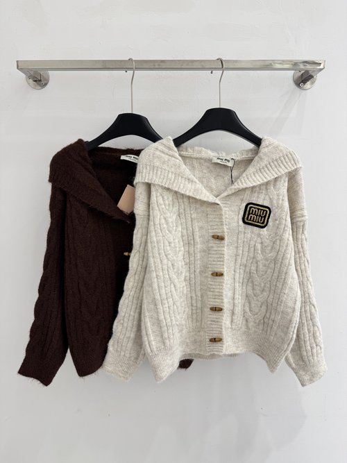 Miu Miu Hooded Knit Cardigan with Retro Twist Pattern