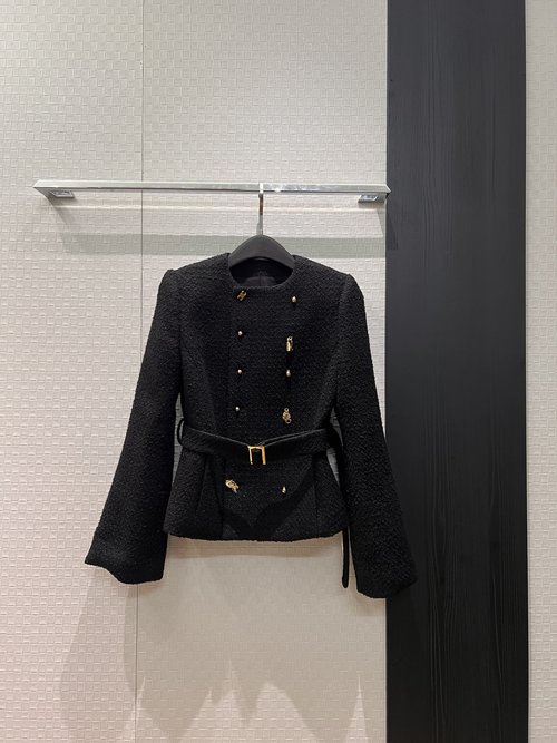 Celine Round-Neck Tweed Coat with Lock Buckle, Belt and Double Buttons