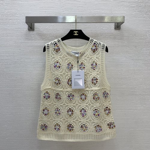 Chanel High-End Custom Sleeveless Knit Top with Camellia Embellishments in Apricot and Black