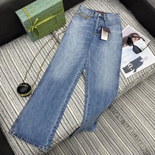 Gucci New Denim Straight Pants with Leather Chain Pocket