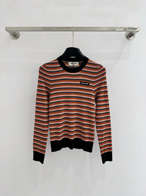 Miu Miu Breathable Slimming Round-neck Striped Knit Top