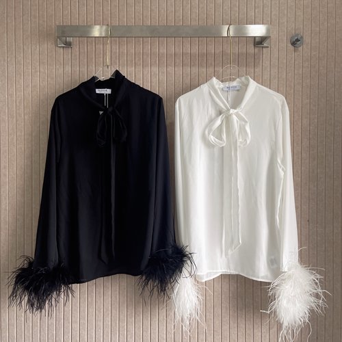 Valentino Silk Shirt with Bow and Ostrich Feather Sleeves, Elegant