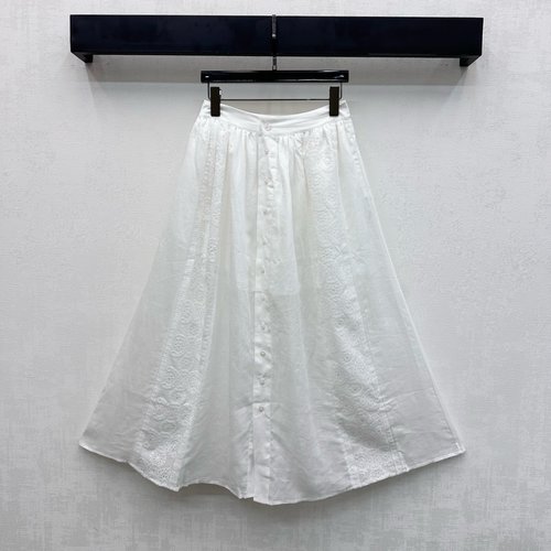 Celine Hollow-embroidered High-waisted Half Skirt with Arch Buttons