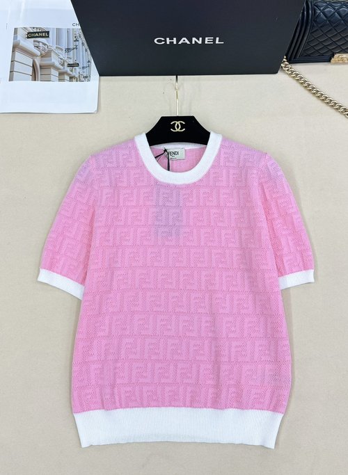 Fendi Cherry Pink Knitted Short Sleeve with FF Monogram, Breathable Fabric