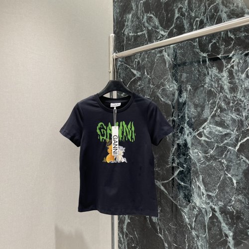 Ganni Cartoon Pony Printed T-Shirt with Brand Lettering, Trendy Look