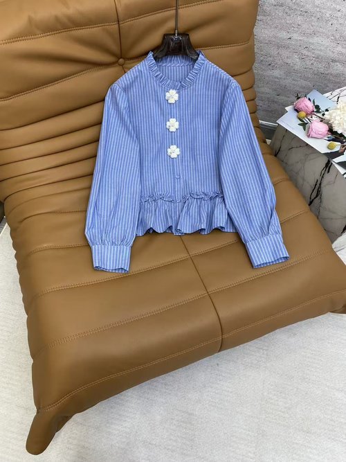 Valentino Sweet Striped Cotton Shirt with Ruffled Collar