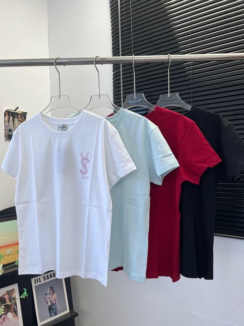 Yves Saint Laurent New Arrival: 4-color Beaded Short-sleeved Cotton T-shirt