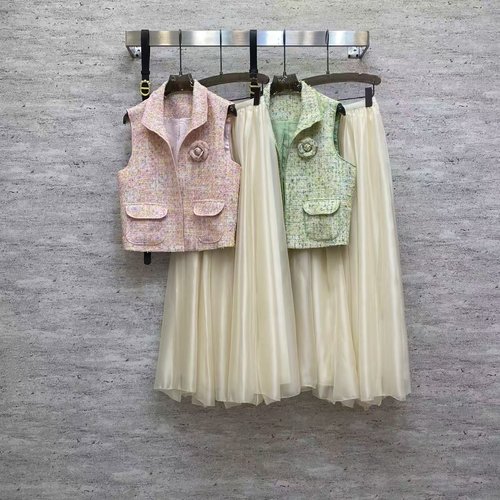 Chanel Floral Tweed Outfit with Mesh Skirt in Pink or Green