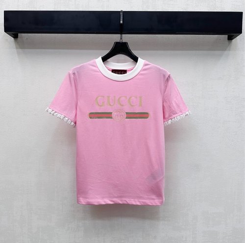 Gucci Imported Cotton Round Neck T-Shirt with Logo and Lace